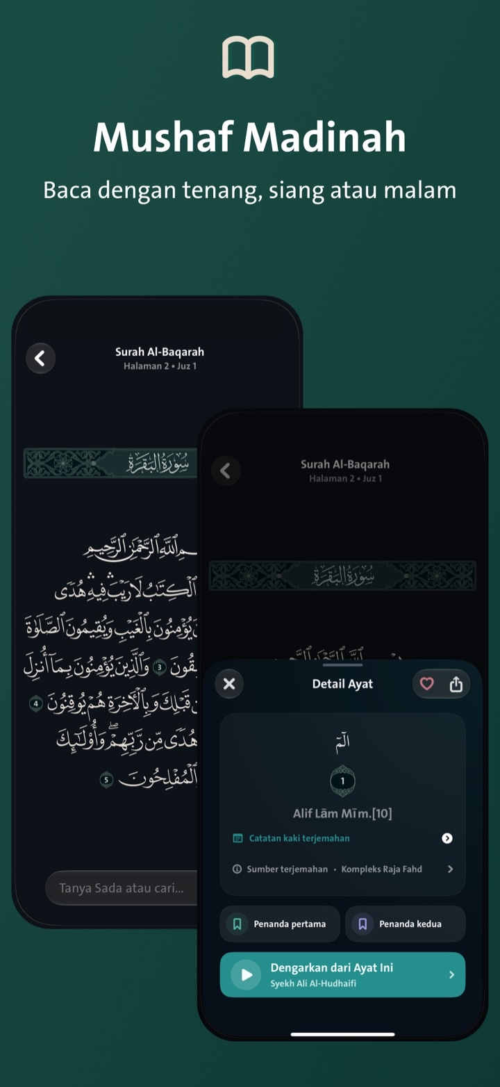 Mushaf Madinah dalam tampilan terang dan gelap